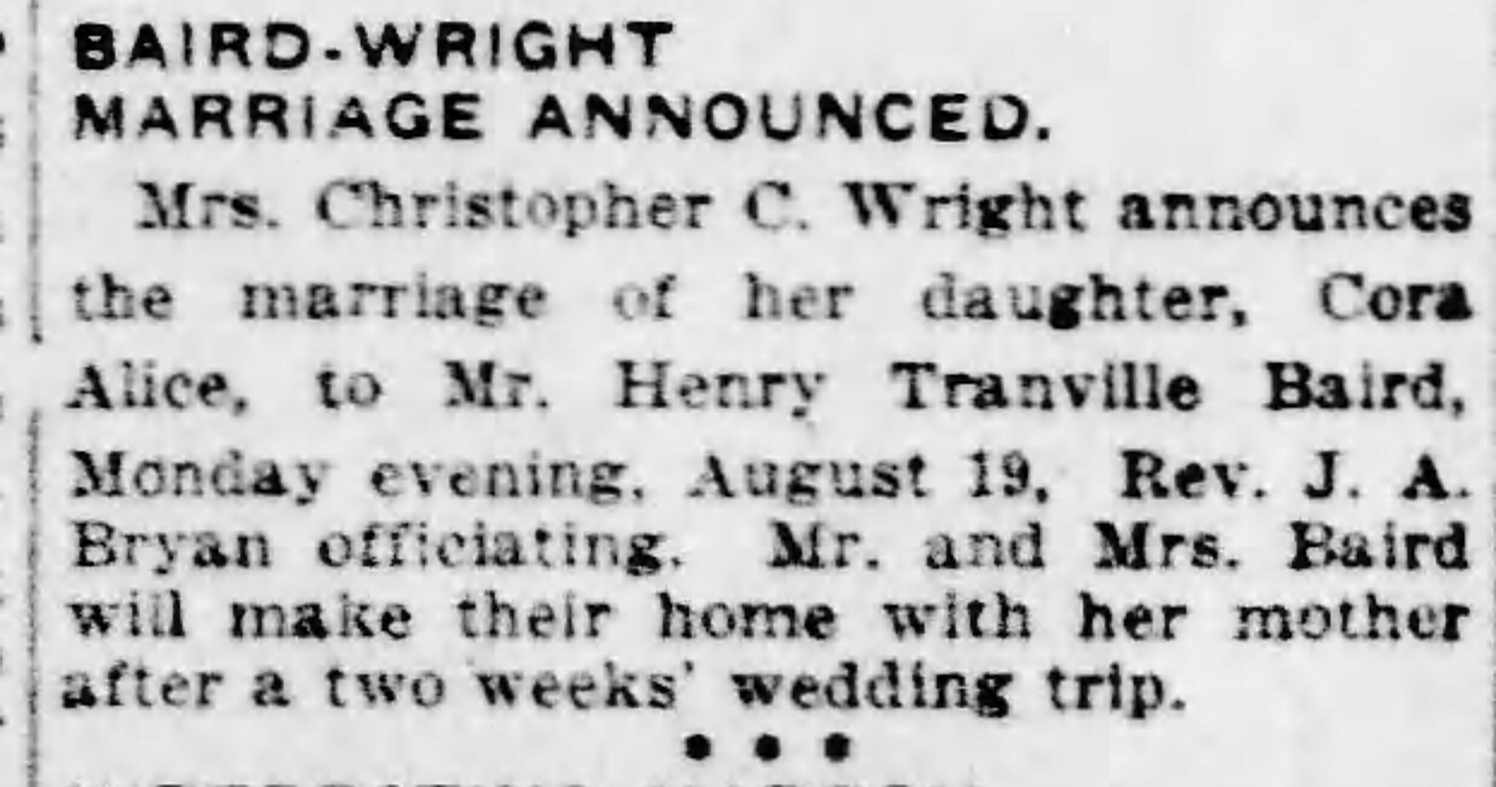 Cora Alice Wright-Henry Tranville Baird